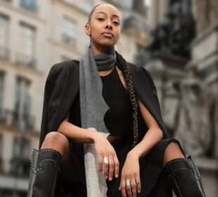 Grey Luxury Scarf with Black Outfit by Maneesha Ruia