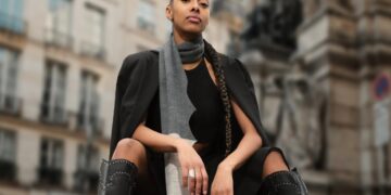 Grey Luxury Scarf with Black Outfit by Maneesha Ruia