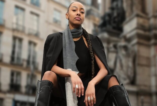 Grey Luxury Scarf with Black Outfit by Maneesha Ruia