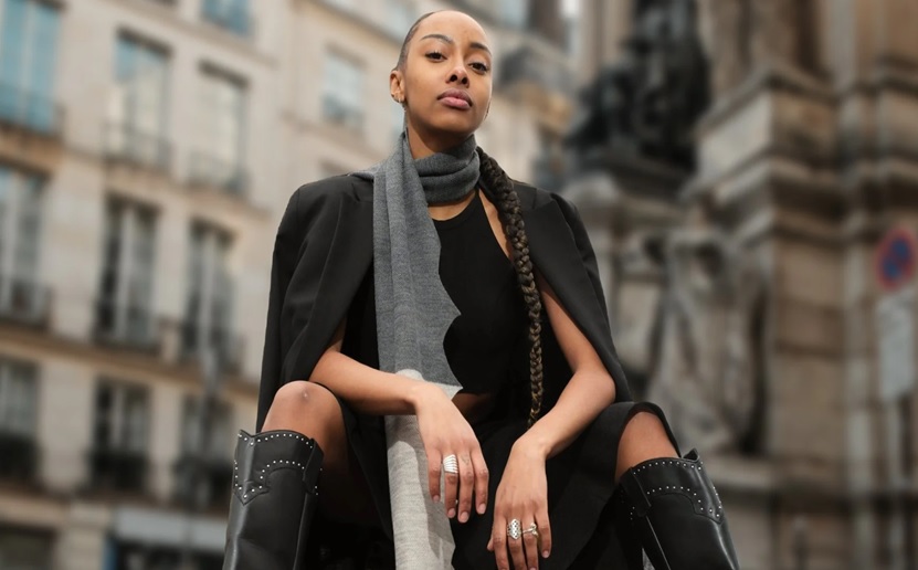 Grey Luxury Scarf with Black Outfit by Maneesha Ruia